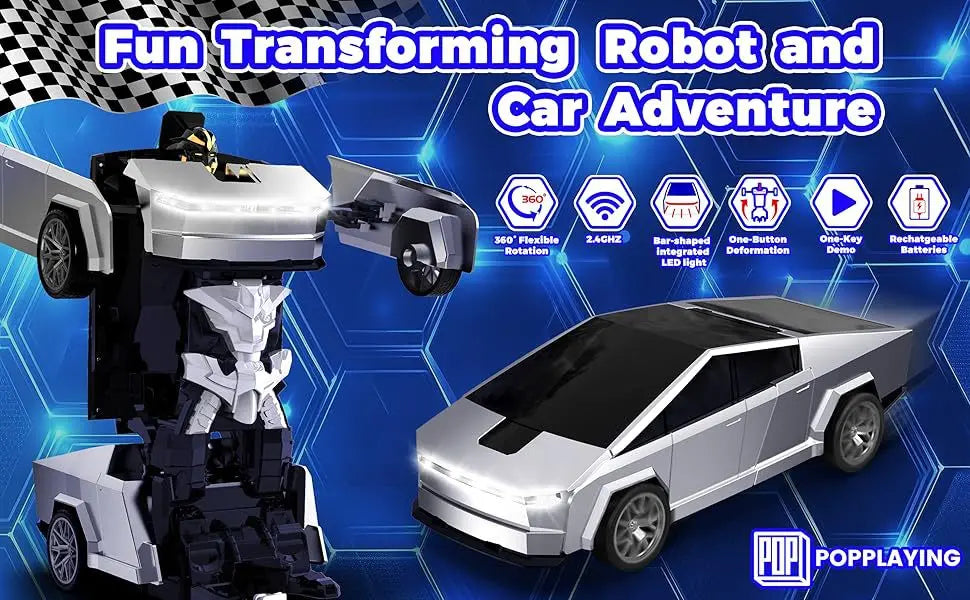 2.4GHz Cyber Pickup Remote Control Robot Car Toy One Click Transformation with LED Light 360° Rotation Drift Mode Children's Gi