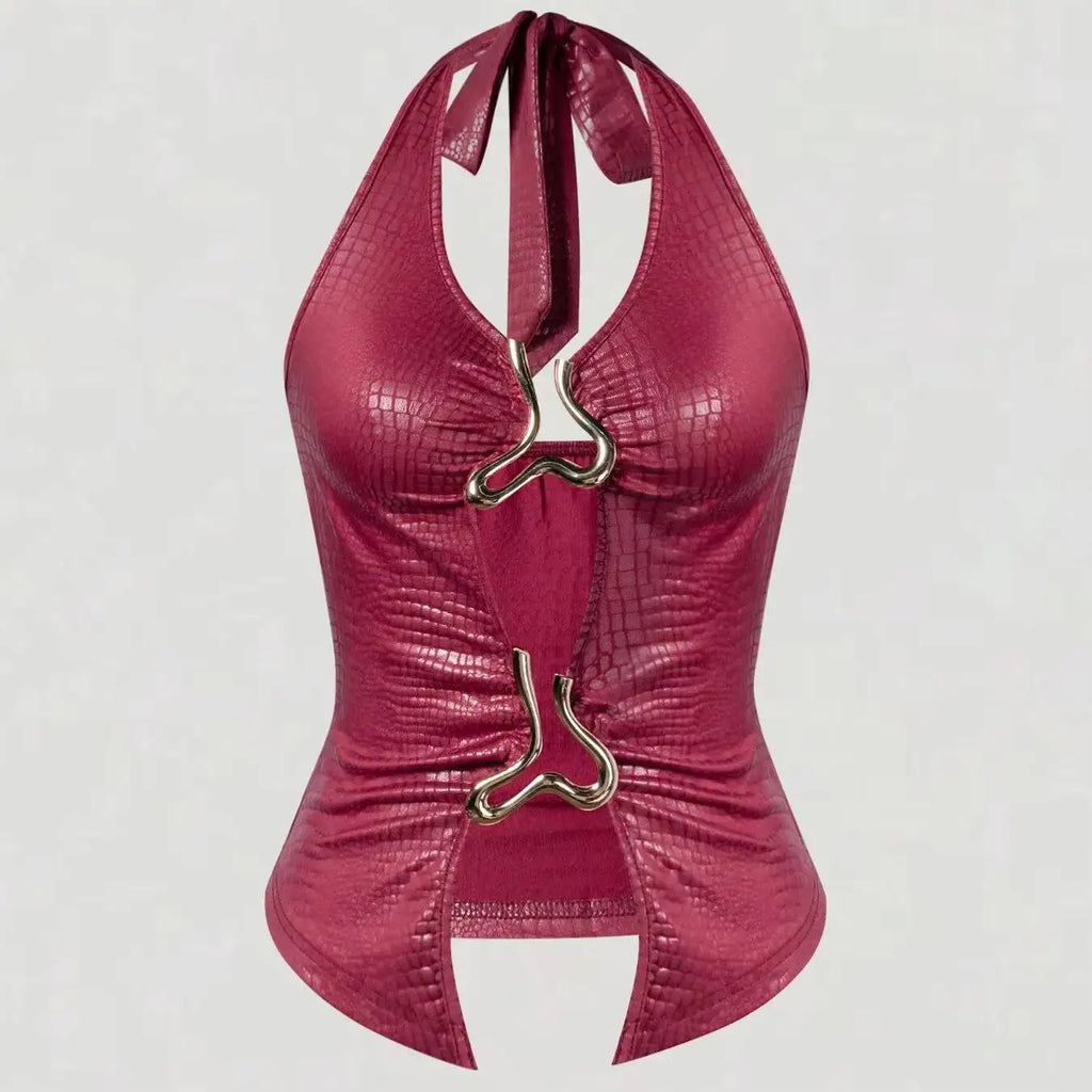 Women's Halter Neck Tank Top Burgundy Croc Embossed Metal Ring Cutout Sleeveless Sexy Top Spring Summer Club Party Crop Top
