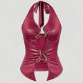Women's Halter Neck Tank Top Burgundy Croc Embossed Metal Ring Cutout Sleeveless Sexy Top Spring Summer Club Party Crop Top