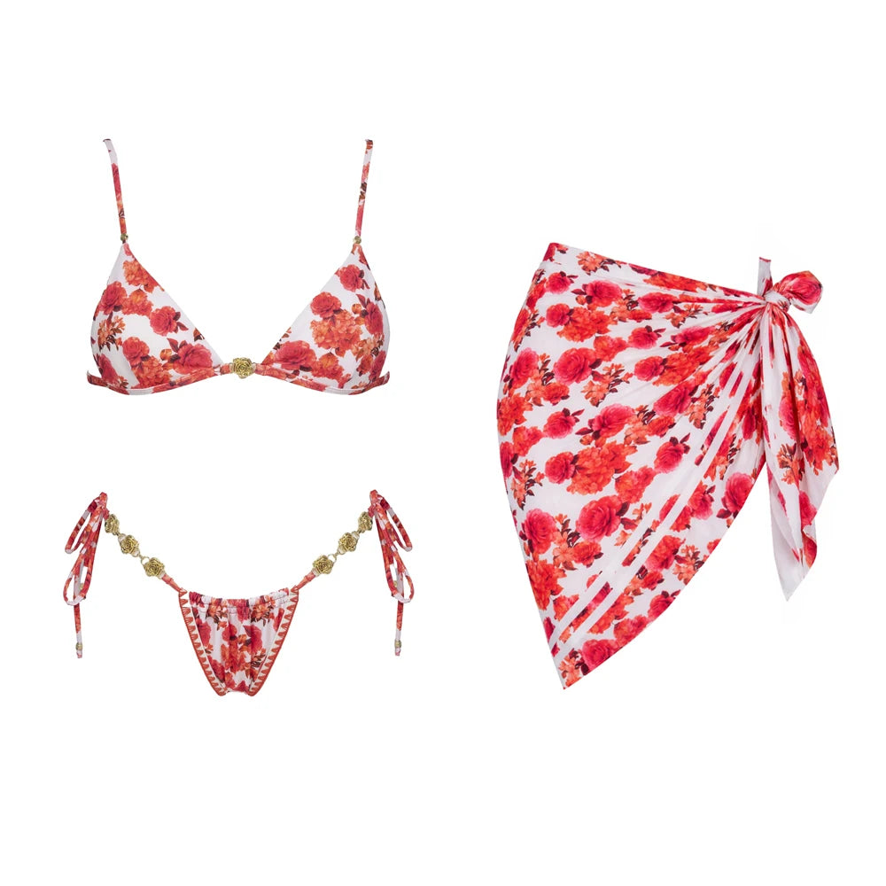Print Bikini Swimsuit and Cover Up Bikini Set Women Sexy Lace Swimwear High Leg  Bathing Suit Beachwear Biquini