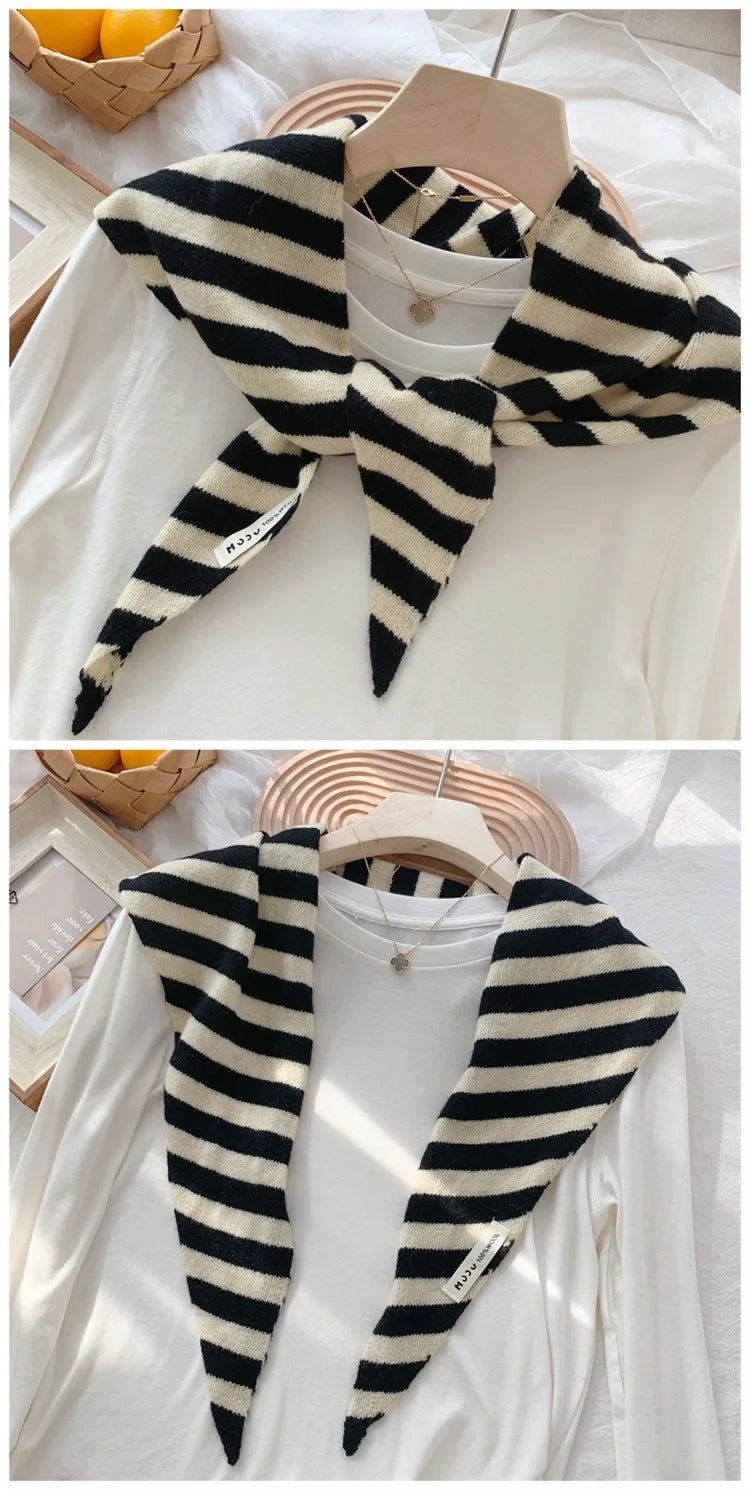 Korean Stripe Triangle Scarf 100% Wool Triangular Scarf Men Women British Niche Headscarf Knitted  Multi-functional Warm Scarf