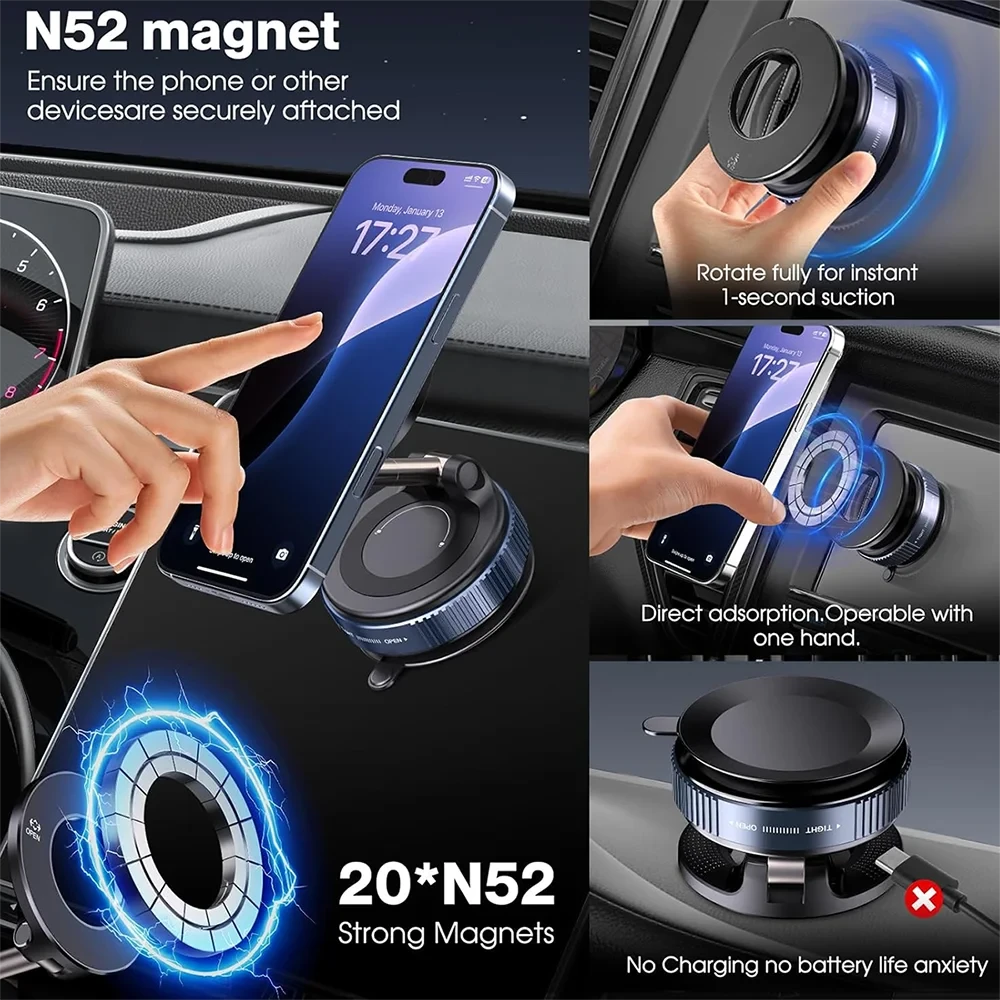 Foldable Magnetic Car Phone Holder – N52 Magnet, 360° Rotatable, Suction Cup for Dashboard, ABS, with Wrench & Pad, Gift