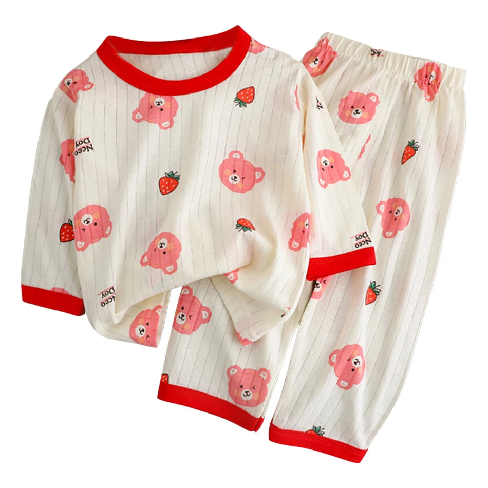 Summer Kids Cotton Pajama Sets Long Sleeve Pants Suitable Baby Gentle Nighttime Comfortable Sleepwear in Air Conditioned Rooms