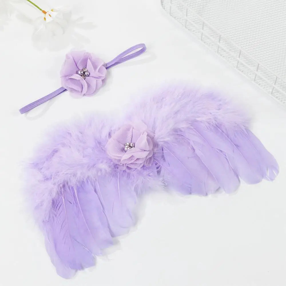 2pcs/set Cute Newborn Angel Feather Wings with Baby Girl Rose Flower Headband Hair Accessories for Infant Photography Props