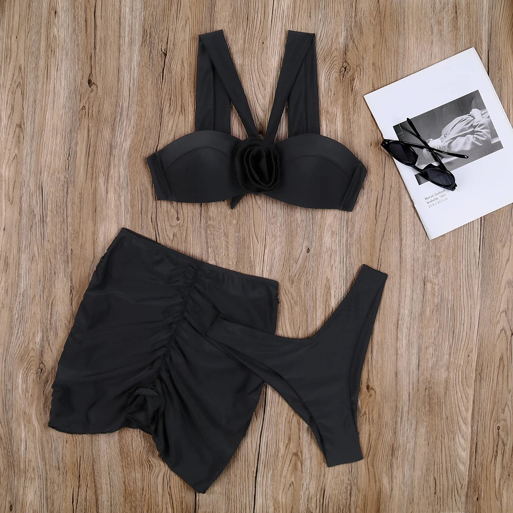 2023 Three Pieces Bikini Set Cover Up Swimwear Women Swimsuit Solid Floral Lace Push Up Bathing Suit Beachwear Swimming Biquini