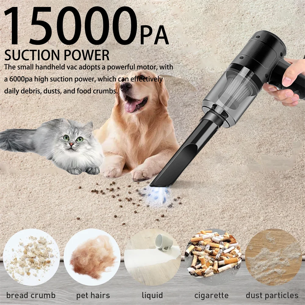Handheld Vacuum Cordless High Power 15000PA Compressed Air Dust Collector Mini Portable Car Vacuum Cleaner Hairdryer