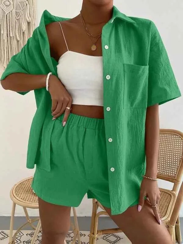 Women's Cotton Suit  Short Sleeve Casual Elegant Green Soild Two Piece Set Women Outfit Suit Shorts and Shirt for Women