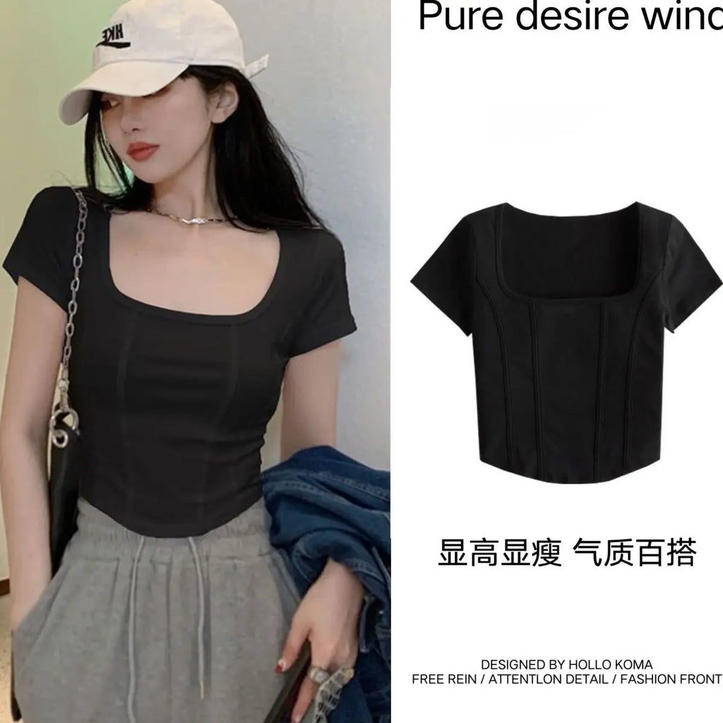T Shirt Crop Top Women Summer 2026 Flowers Print Cotton Square Collar Pullovers Woman Short Sleeve Tees Slim Fit Sexy Top Female