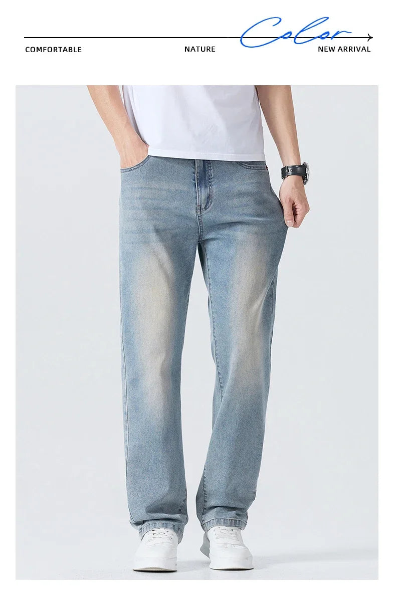 Men's Summer Thin Comfortable Jeans, Fashionable and Breathable Business Straight Pants, Loose Retro Casual Denim Trousers