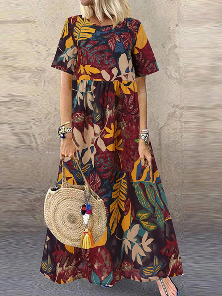 ZANZEA Summer Maxi Dress Women's Vintage Printed Sundress Casual Loose Short Sleeve Vestidos Vacation High Waist Robe Femme 2024