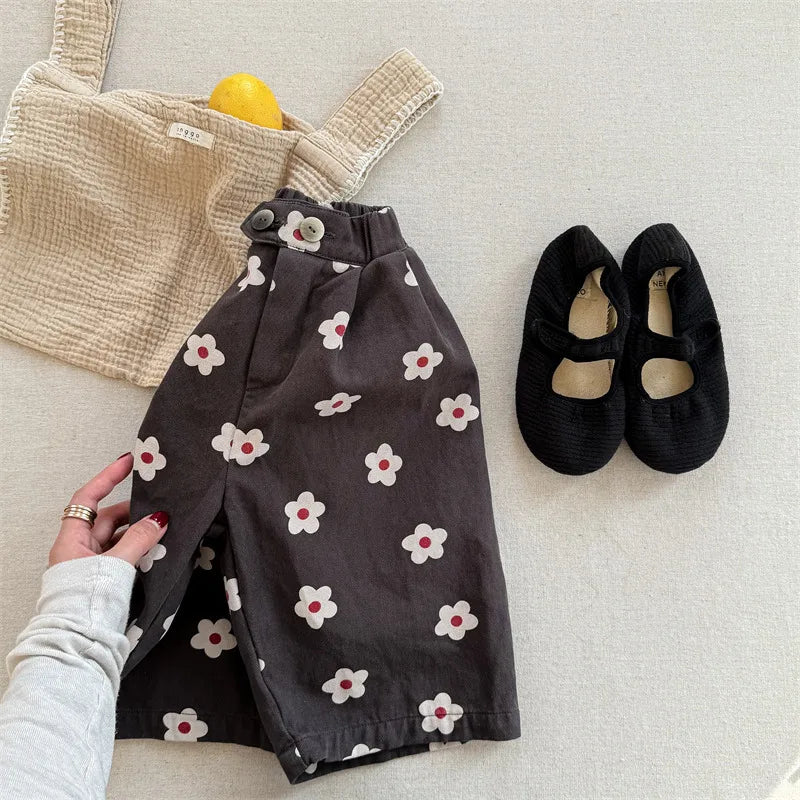 2026 Spring New Children Casual Pants Fashion Flower Print Girls Harem Pants Cotton Kids Loose Trousers Boys Cute Baby Clothes