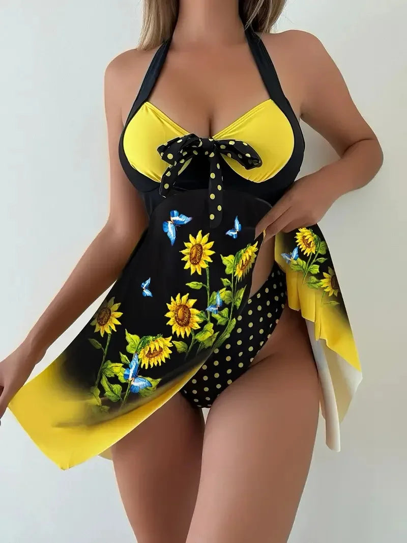 New 2025 Women's Two-Piece Bikini Set Yellow Sunflower Print Maxi Dress Style Swimsuit Floral Patterned Separate Swimsuit