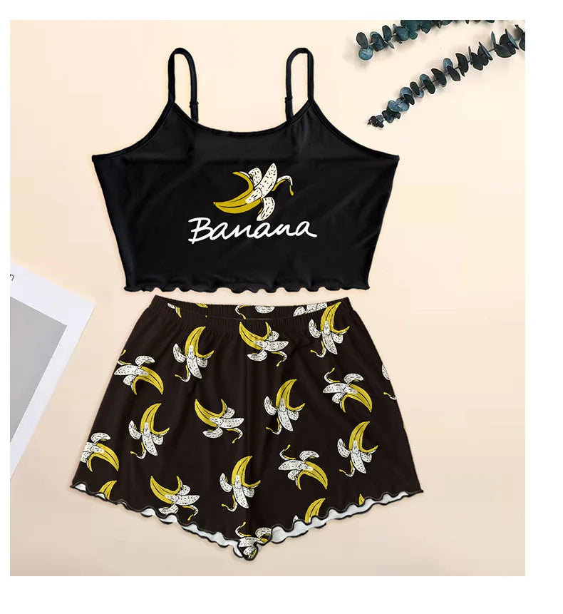 Summer Silk Satin Pyjama Pajamas for Women Sexy Sleepwear Sling Top Shorts Pajama Set Cartoon Pattern Printing 2-Piece Homewear