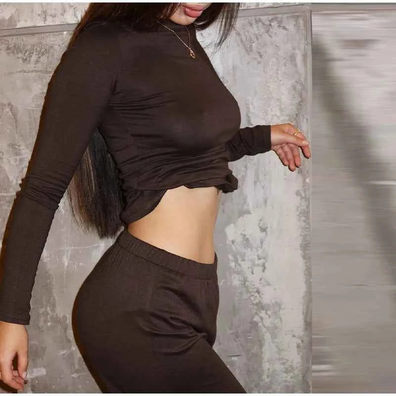 Women Top Pants Suit 2 Piece Sets Solid O-neck Long Sleeve Shirts Elastic Waist Trousers Female Outfits 2025 New Lady Tracksuit