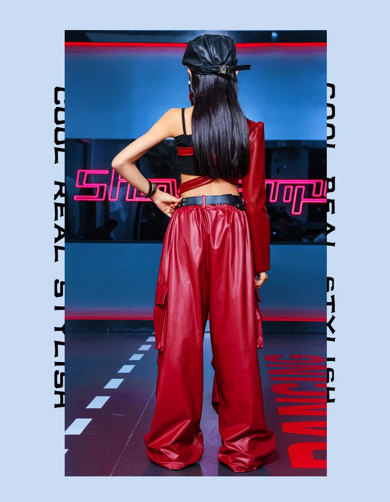 Kid Hip Hop Clothing T Shirt Crop Top Wine Red Arm Sleeve Faux Leather Casual Cargo Pants for Girl Jazz Dance Costumes Clothes