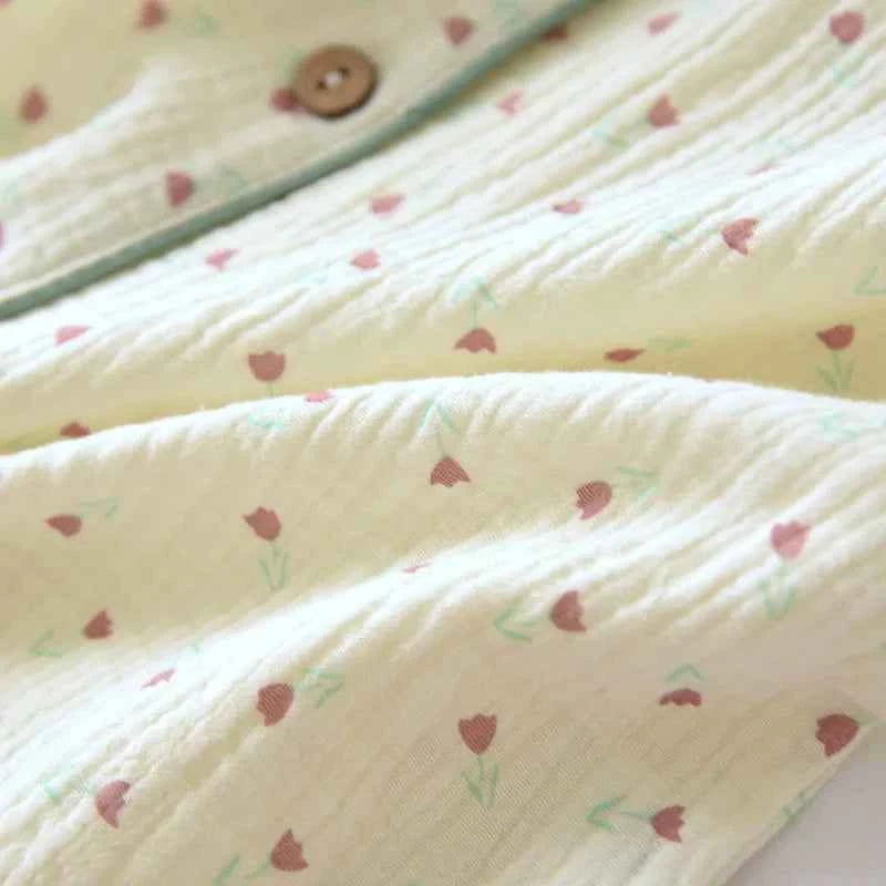 2025 Summer Women Pajamas Cute Tulip  Printing Sleepwear 100% Cotton Gauze Female 2 Piece Set  Nightwear Pyjamas Loungewear