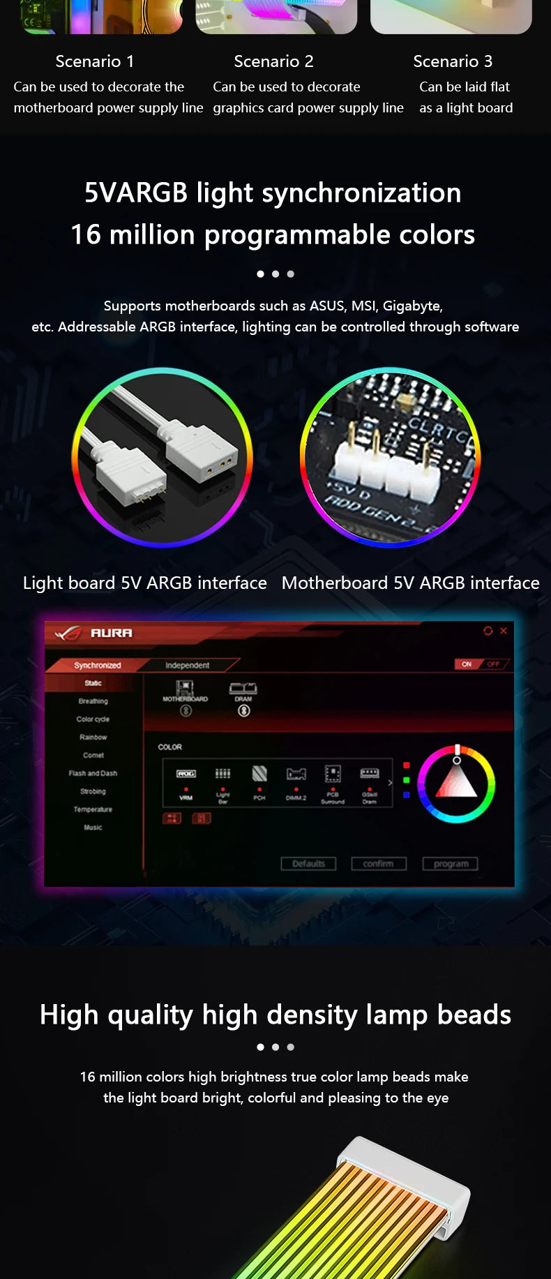 Computer Case Bendable ARGB Light Board,Suitable For Graphics Card 24pin/8pin/2x8pin/12VHPWR/Motherboard Decorative light strip