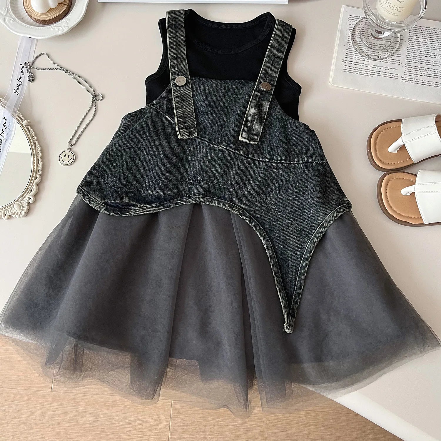 Summer Girls Clothes Sets Sleeveless T-shirt+Denim Mesh Dress Korean Kids Clothing Children Casual Clothes Suits 2 3 4 5 6 7Yrs