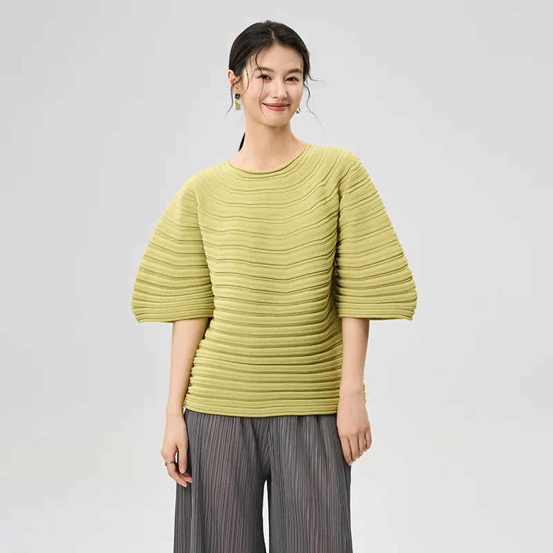 LANMREM Casual Pleated Texture Round Neck Half Sleeve Thick Wome's T-shirt Chic New Knitwear Fashion Pullover Top Chic 2DB5036