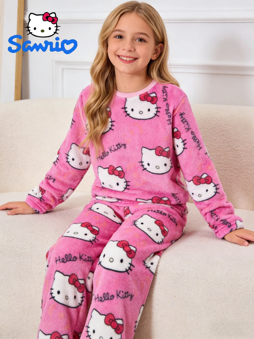 Sanrio girls' sleepwear and pants set for autumn and winter, Hello Kitty long sleeved pants with thick suede for home wear.