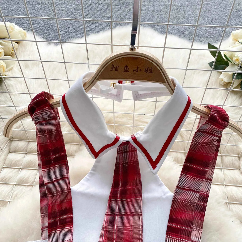 Girls Sexy Cute Japanese JK Uniform  Mini Checkered Strap Skirt Off Shoulder High Waist Elastic Cosplay Dress Hot Sweet Pajama