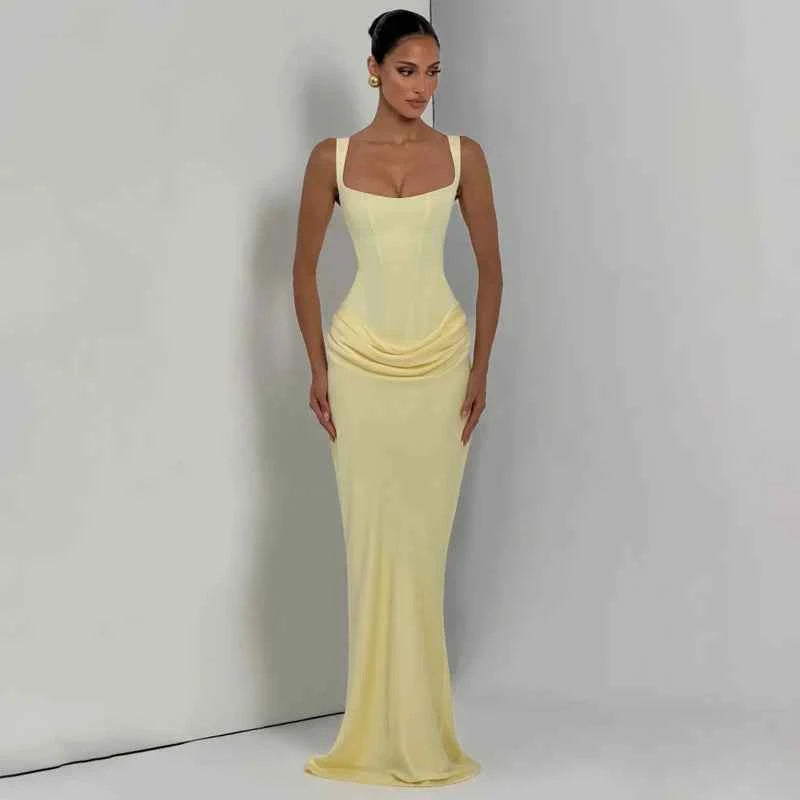 Yellow Strapless Pleated Dress Women Elegant Sexy Sleeveless Waist Cinching Split Maxi Gowns 2026 Lady New Evening Party Dresses