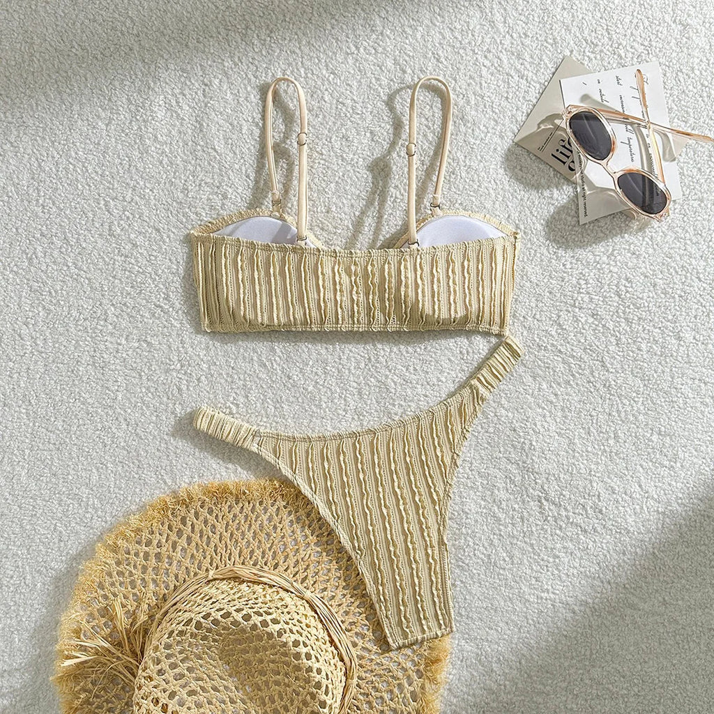 Wrinkled Crinkled Knotted Bikini Women Swimwear Female Swimsuit Two-Pieces Bikini Set Brazilian Bather Bathing Suit Swim V5709