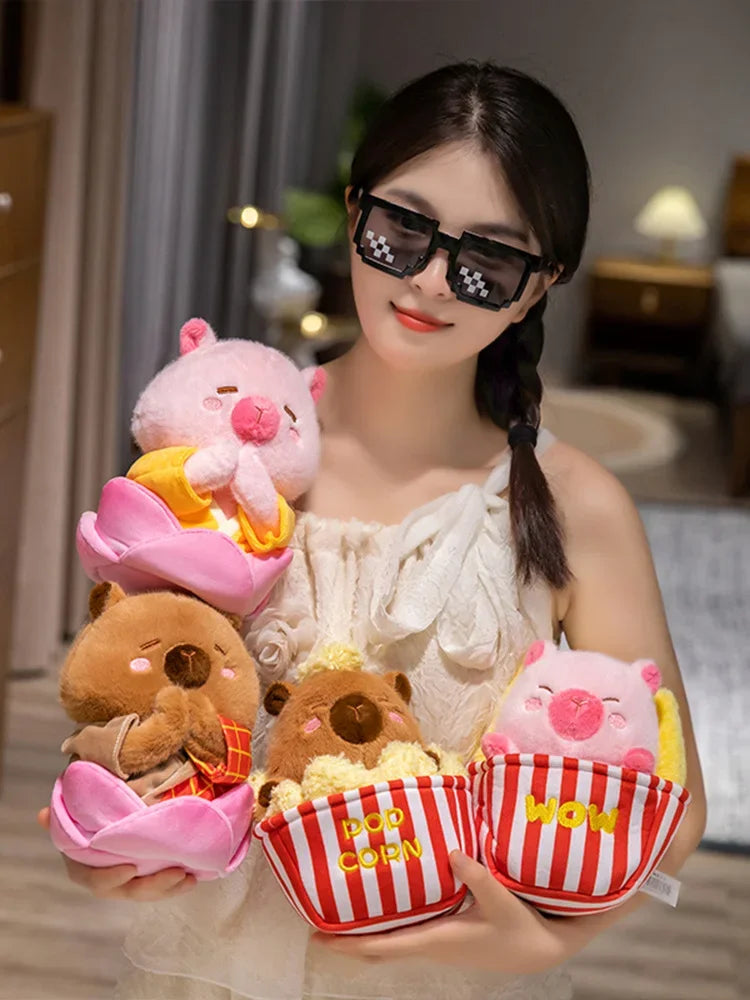 Adorable Plush Pig Bear Capybara Stuffed Animals Set Popcorn Lotus Containers Soft Home Nursery Decor Gift Kids Baby