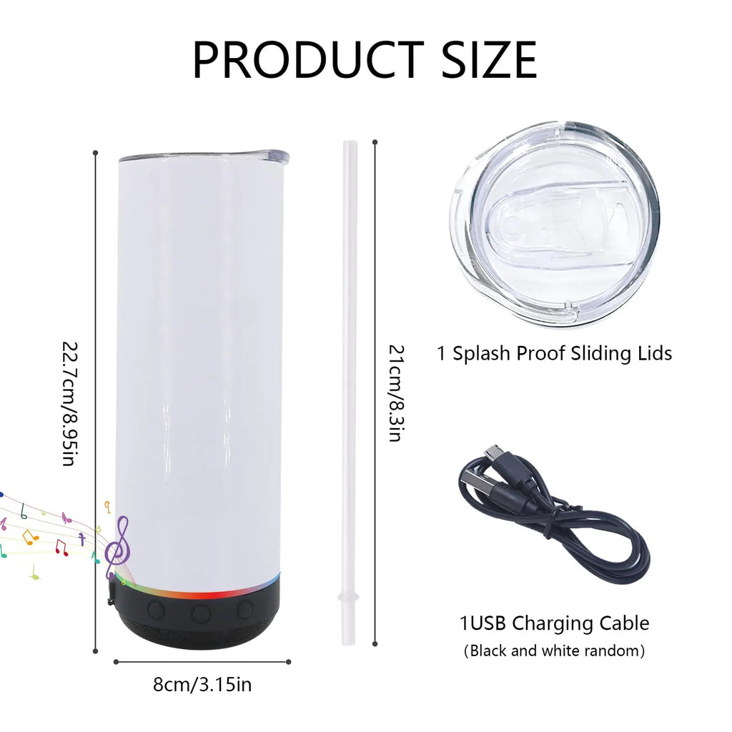Music Speaker Tumbler with Straw and Lid 20oz Skinny Double Wall Stainless Steel Music Cup with Detachable LED Bluetooth Speaker
