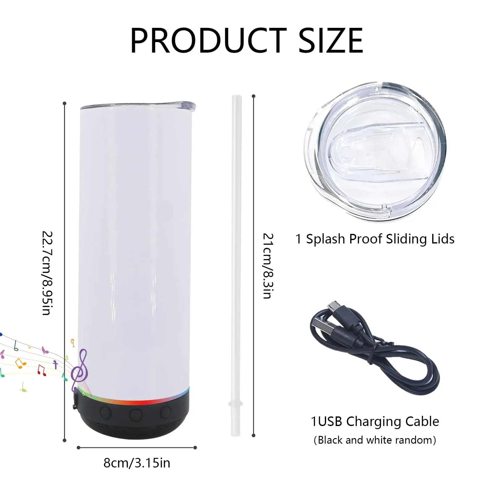Music Speaker Tumbler with Straw and Lid 20oz Skinny Double Wall Stainless Steel Music Cup with Detachable LED Bluetooth Speaker