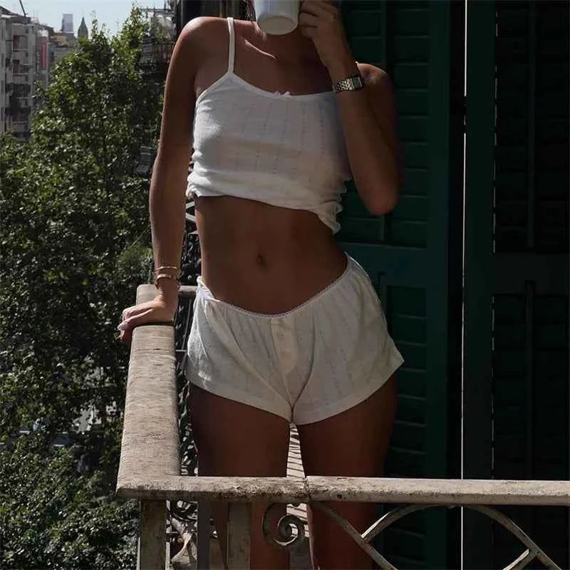 Xingqing Loungewear Women Set y2k Aesthetic Clothes Lace Trim Sleeveless Crop Top with Shorts 2000s Pajamas Night Sleepwear