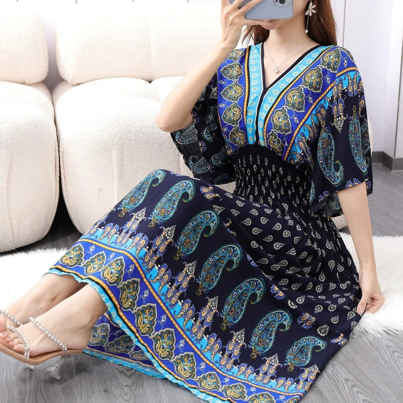 Colorful Flower V-neck Elastic Youthful Bohemian Sweet Midi Dress Woman Clothes Chic Fashion Summer Dresses 2025 Large Swing Ski