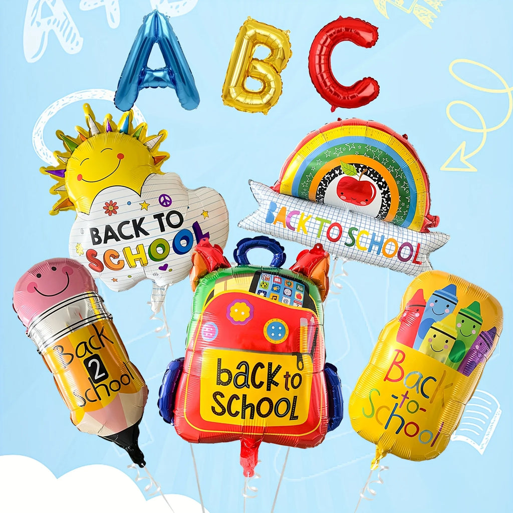 8Pcs Back To School Foil Balloons Large School Bag Pencil Crayon ABC Balloons for Kids Classroom First Day of School Decoration