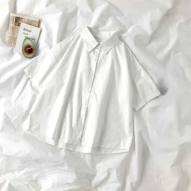 E-BAIHU 2025 White Shirt Women Blusas Short Sleeve Lapel Blouse with Tie Japanese Fashion Student Summer Daily College Style Top