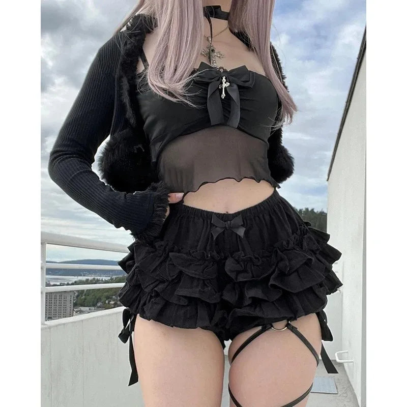 Hotsweet Shorts Women Aesthetic Y2k E-girl Cute Sweet Fairycore Grunge Lace Bow Patchwork High Waist Shorts