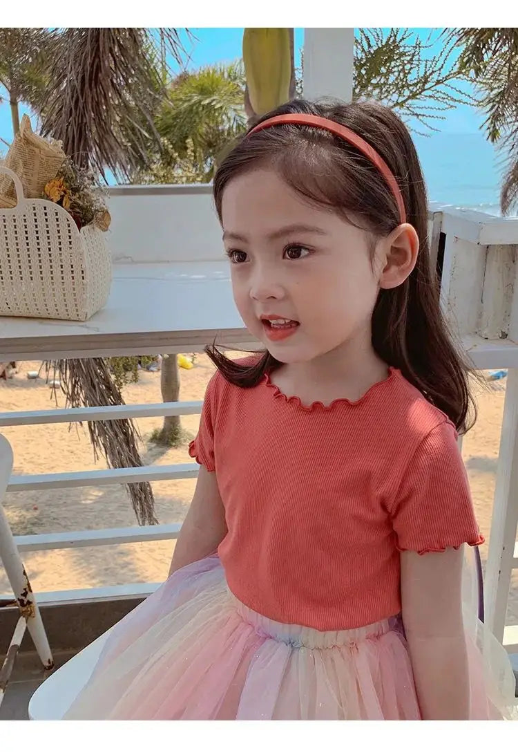 Girls' Casual Ice Silk Short-Sleeve T-Shirt, New Korean Style Children's Ruffled Top, Solid Color, Simple and Versatile