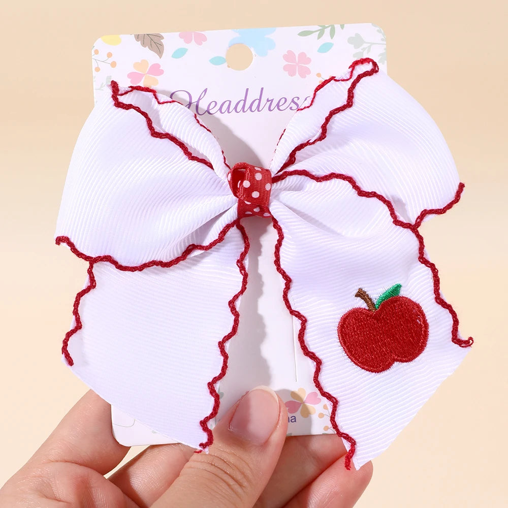 Back to School Kids Hair Bows Grosgrain Ribbon Embroidered Pencil Moonstitch Edge Hair Clips for Girls Children Hair Accesso