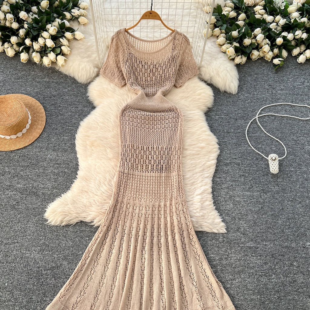 Women Hollow Knitted Dress Summer Flower Short Sleeved Fishtail Bodycon Dress with Camisole Dresses Vintage Party Long Robe