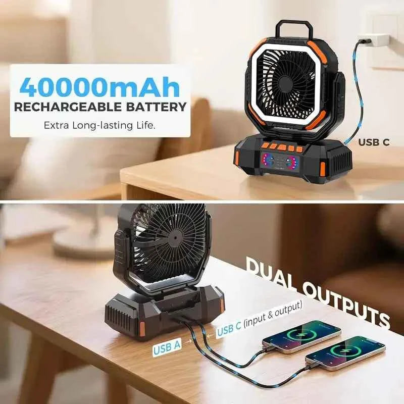 40000mAh Camping Fan Rechargeable Desktop Portable Air Circulator Wireless Ceiling Electric Fan with Power Bank LED Lighting