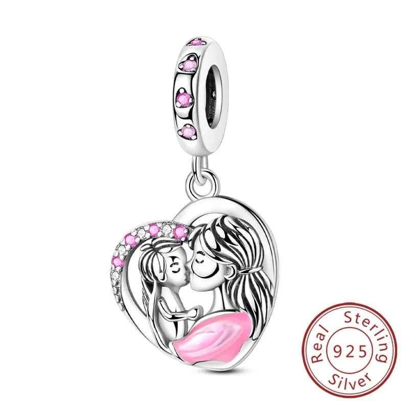 Original 925 Sterling Silver Charm Bead Mother's Day Love Heart Family Charm Bead Pendant Fits Bracelet Womens Jewelry Gifts