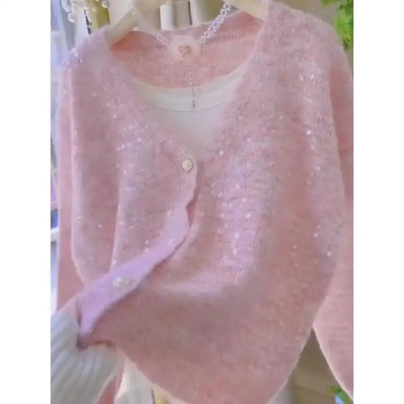 V-neck Fashion Glitter Knitting Cardigan Women Autumn Winter Elegant Solid Color Sweater Coat All-match Trend Knitwear Tops