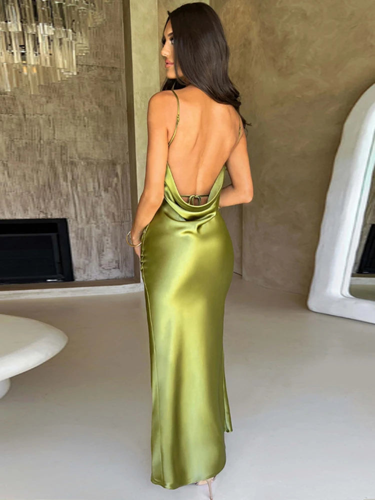 Sleeveless Long Satin Dress Elegant Party Dress For Women 2024 Summer High Slit Backless Party Formal Occasion Dresses Maxi