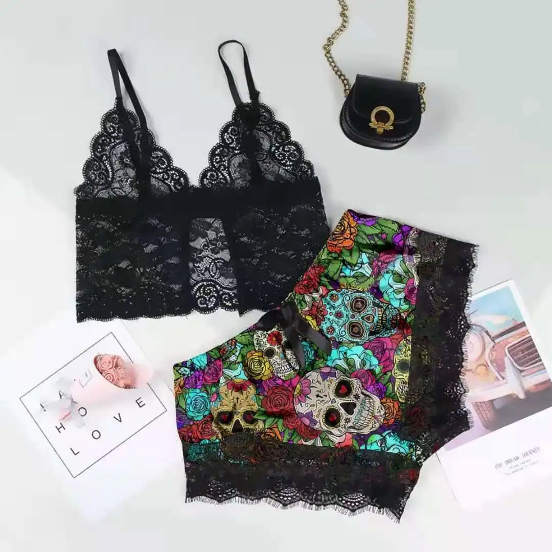 Halloween Skeleton Print Pajamas Sets Women Lace Sexy Satin Sleepwear V Neck Sleeveless Lingerie Shorts Nightwear Homewear 2pcs