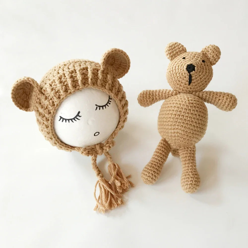 Newborn Photography Props Baby Bear Caps Rabbit Dolls Girls Boy Infant Baby Crochet Knitted Hat Photoshoot Accessories