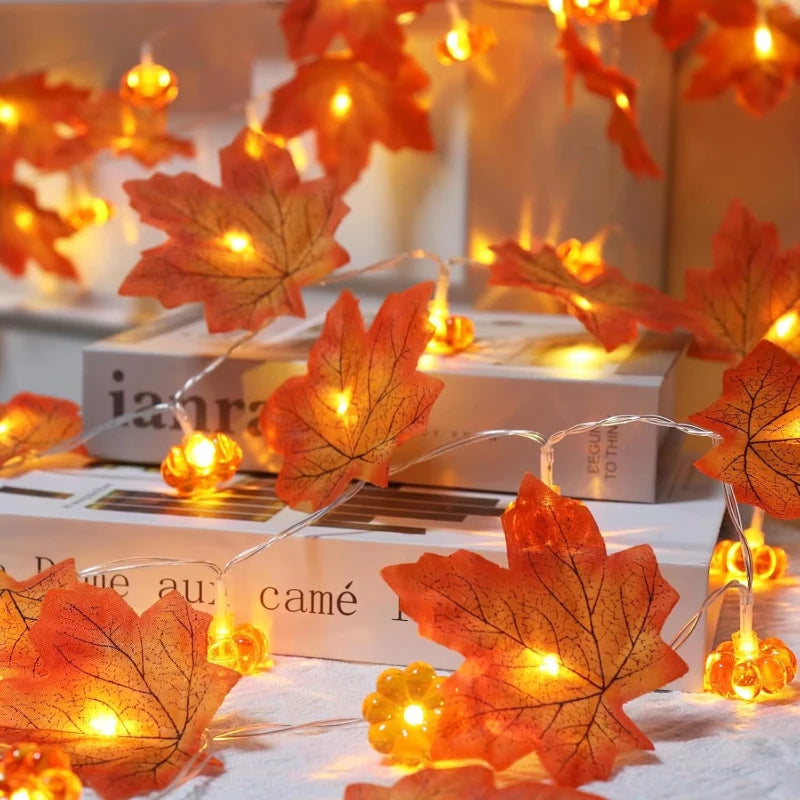 Indoor Home Autumn Harvest Festival Decor 1PC 3D Pumpkin & Maple Leaves String Lights Halloween Thanksgiving Decor Lamp