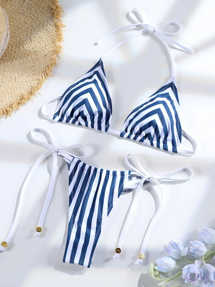 Sexy Bikinis Micro Thongs Swimsuit Women Bathing Suit Rings Biquini Bandage Beachwear Print Swimwear Sexy Bikini Sets With Chain