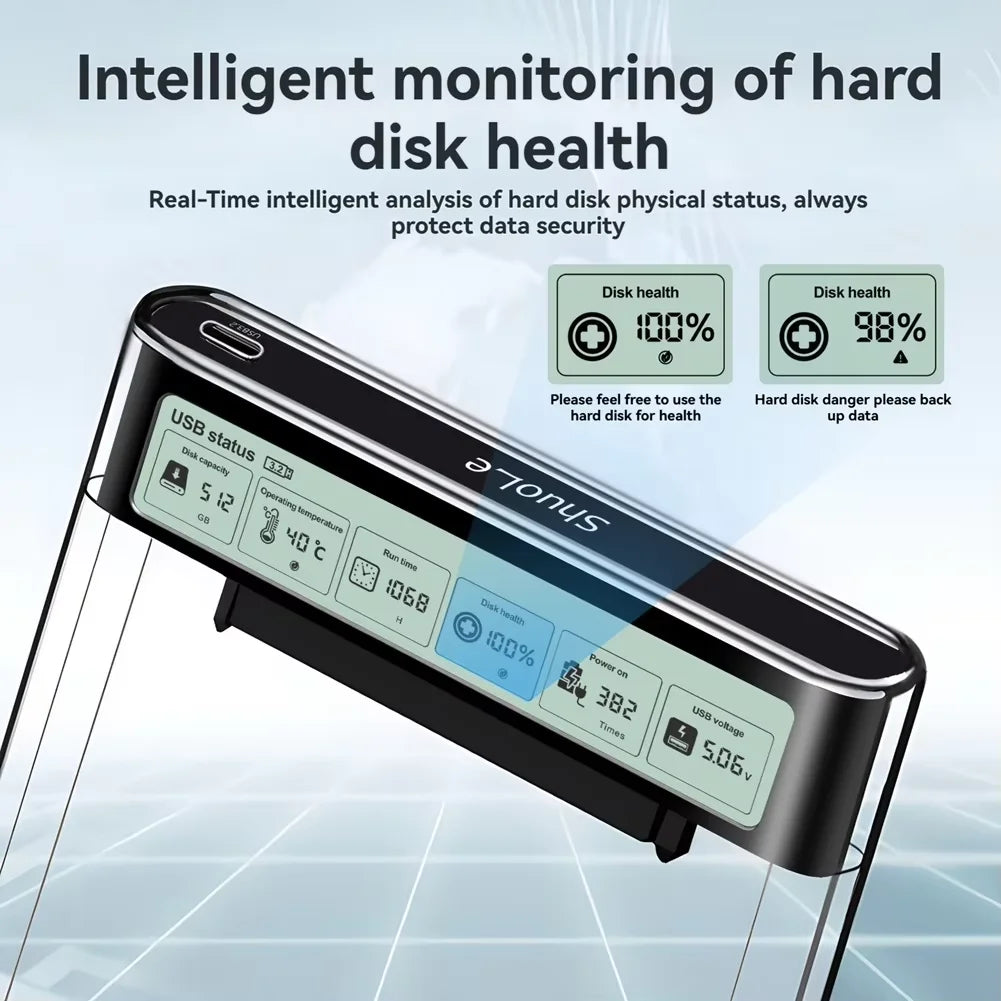 2.5'' HDD SSD Case Smart Display External HDD Shell USB3.2 Gen2 Enclosure Hard Drive Clear Portable Storage Case for Laptop PC