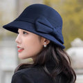 Women Elegant Wool Felt Fedoras Hat Autumn Winter Warm Solid Color Bow Bucket Dome Cap Ladies Fashion Retro Church Top Hats