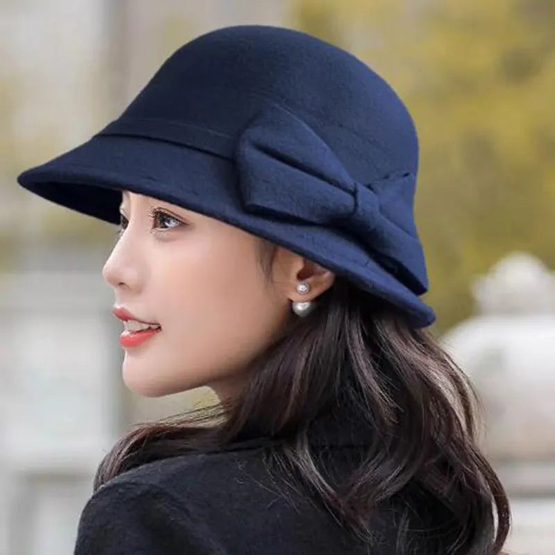 Women Elegant Wool Felt Fedoras Hat Autumn Winter Warm Solid Color Bow Bucket Dome Cap Ladies Fashion Retro Church Top Hats