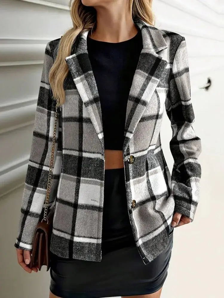2026 Fall & Winter New Arrival Women's Plaid Blazer Retro Loose Slim-Fit Wool Blend Long Sleeve Casual Suit Jacket